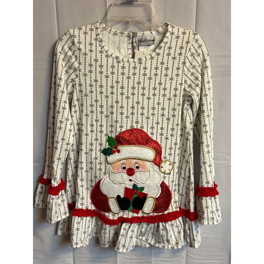 Rare Editions Kids Girls Santa Claus Snowflake Ruffle Sleeve Christmas Top Sz 8